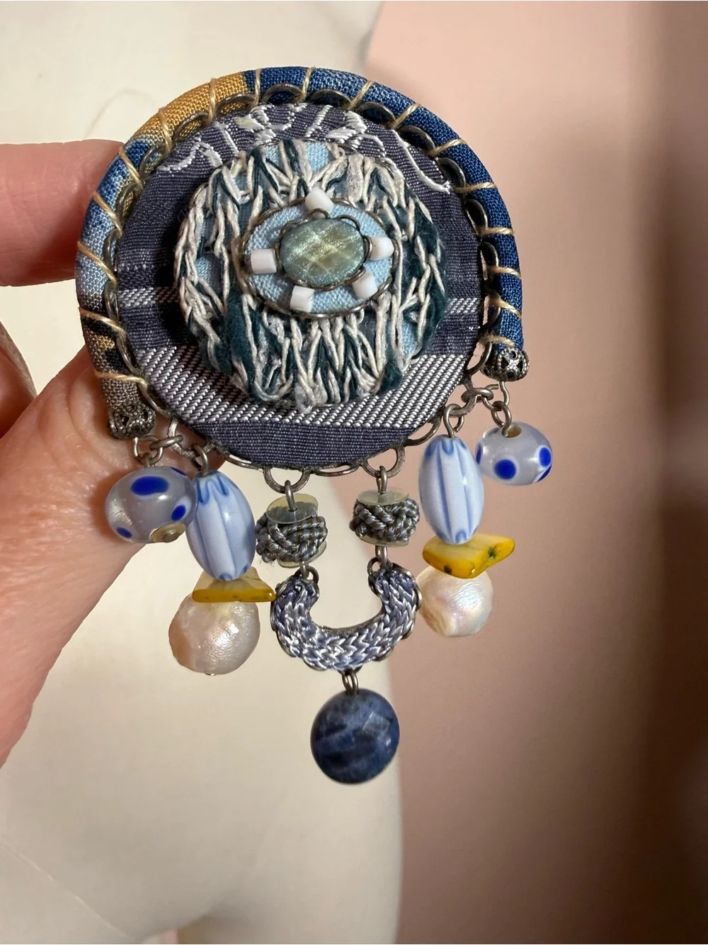 Ayala Bar artisan mixed media blue oversized brooch pendent